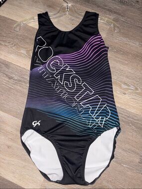 GK Black Leotard with Purple and Teal Wave Stripes